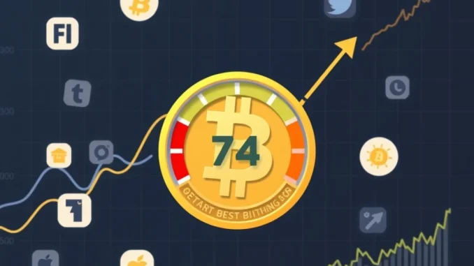 Bitcoin News Today: Crypto Fear & Greed Index Hits 74 – Is Market Euphoria Justified? Bitcoin news today showing Crypto Fear & Greed Index at 74 with market optimism rising