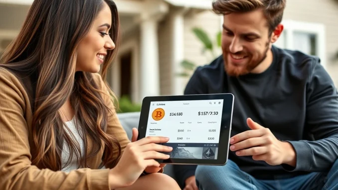 Young couple reviewing Bitcoin and Ethereum prices for mortgage eligibility