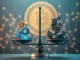 A digital scale balancing innovation and investor trust, with Bitcoin news in the background, representing the perilous divide in crypto presales.