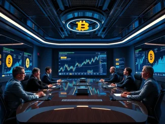 Executives discussing Bitcoin investments in a high-tech boardroom