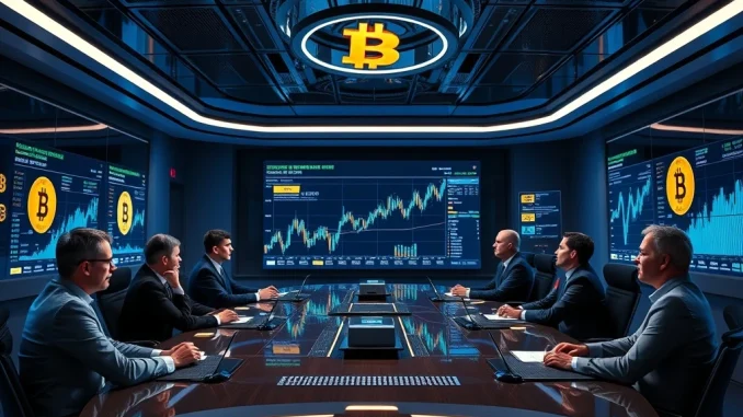 Executives discussing Bitcoin investments in a high-tech boardroom