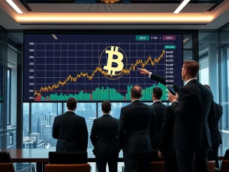 Bitcoin News Today: A company executive observing a rising Bitcoin chart on a large screen, symbolizing strategic corporate Bitcoin holdings and institutional adoption.