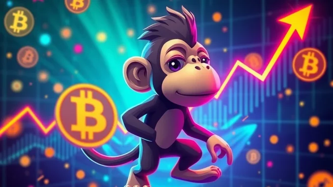 A dynamic visual representing the surge in Bitcoin NFTs, with a stylized Node Monkey character and upward-trending charts, illustrating the exciting growth of digital collectibles.