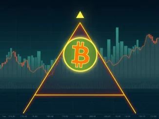 A chart showing Bitcoin's symmetrical triangle pattern nearing a decisive breakout, indicating market uncertainty and potential volatility.