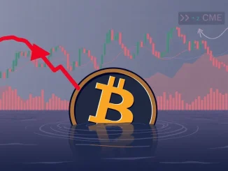 A visual representation of a Bitcoin price chart showing a bearish RSI divergence and a CME gap, indicating a potential downturn in the Bitcoin price.