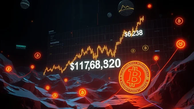 Bitcoin price chart surging towards $118,620 resistance with ETF and institutional demand indicators