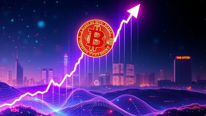 A vibrant digital representation of a Bitcoin price chart soaring upwards, illustrating Bitcoin's explosive ascent driven by institutional adoption.