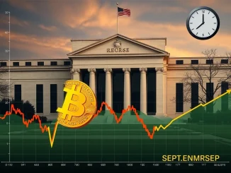 A chart showing Bitcoin price declining while a hand points to a Federal Reserve building, illustrating the impact of interest rates on the crypto market.