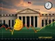 A chart showing Bitcoin price declining while a hand points to a Federal Reserve building, illustrating the impact of interest rates on the crypto market.