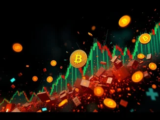 A red downward arrow piercing a digital chart showing Bitcoin price dropping sharply, illustrating a significant Bitcoin price crash.