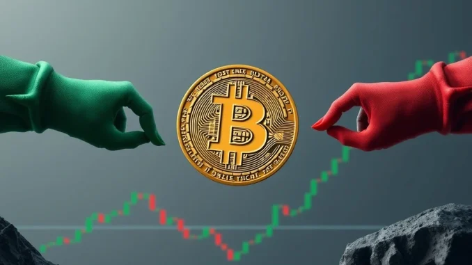 Bitcoin (BTC) symbol caught between opposing forces on a chart, illustrating the current price stalemate and technical deadlock.