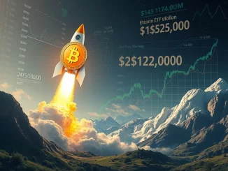 A visual metaphor of Bitcoin's price soaring to a new all-time high, driven by strong Bitcoin ETF inflows, pushing the crypto market cap higher.
