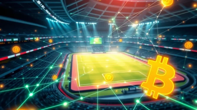 Bitcoin symbols and blockchain lines transforming a sports betting interface, symbolizing the revolution in decentralized sports betting.
