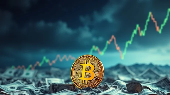 Bitcoin symbol rising amidst U.S. dollar bills and economic uncertainty