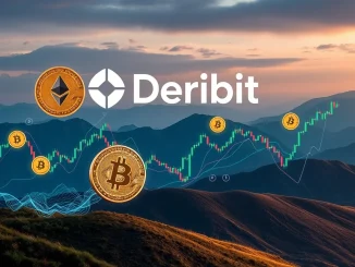 Charts and Bitcoin symbols illustrating the significant Bitcoin volatility caused by Deribit's large crypto options expiries.