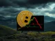 A Bitcoin symbol overlaid with a bearish rising wedge chart, illustrating the potential for a significant Bitcoin price correction and market volatility.