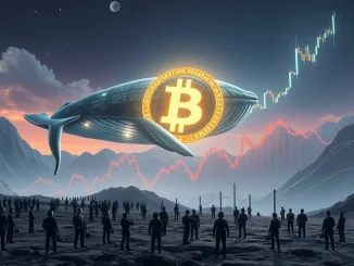 Depicts a large, powerful Bitcoin Whale FOMO wave driving the crypto market upwards, contrasting with smaller retail investor ripples.