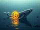 An abstract image showing a large whale guiding Bitcoin's price upwards, symbolizing whale dominance in the Bitcoin market.