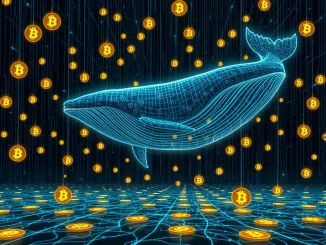 A large digital whale moving a significant amount of Bitcoin, symbolizing the massive BTC transfer from dormant wallets and the incredible 530% gain.