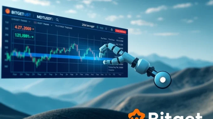 A digital interface illustrating Bitget's MDTUSDT perpetual futures with 20x leverage, emphasizing advanced crypto trading bots.