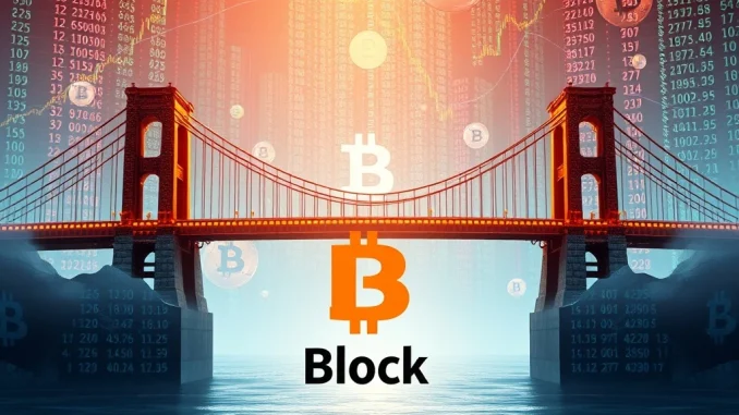 Block's Monumental S&P 500 Inclusion: Unlocking Fintech and Crypto Potential A visual representation of Block's S&P 500 inclusion bridging traditional finance and crypto markets, highlighting its Bitcoin exposure.