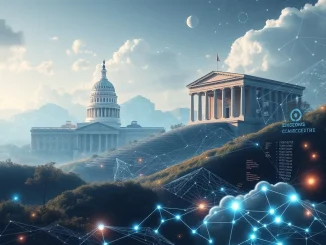 A visual representation of the GENIUS Act's impact on blockchain innovation, with regulatory frameworks meeting decentralized technologies and cloud mining concepts.