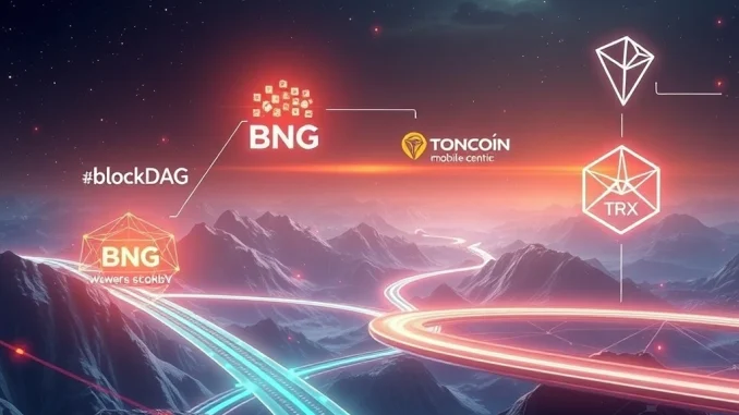 BlockDAG, BNB, Toncoin, and Tron TRX symbols interconnected, representing diverse crypto ecosystems and significant ROI potential.
