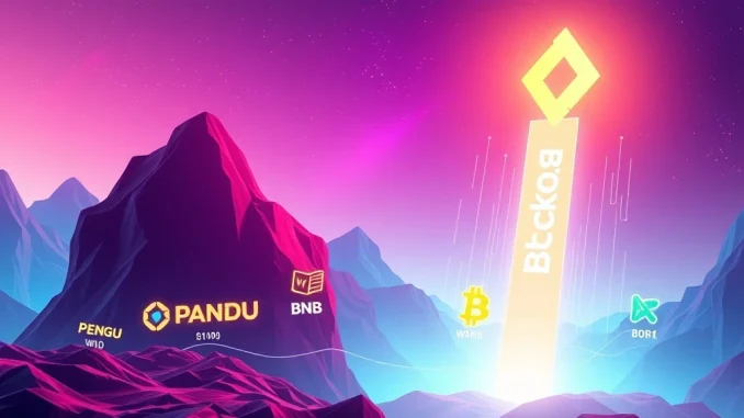 BlockDAG's Explosive 3,025% ROI Potential: Outshining PENGU, WLD, and BNB BlockDAG's symbol soaring above PENGU, WLD, and BNB, illustrating its explosive crypto ROI potential.