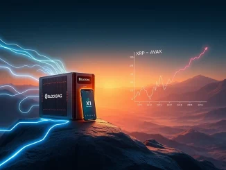 A visual representation of BlockDAG's X1 App and X10 miner causing a significant crypto market shift, overshadowing XRP and AVAX.