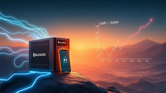 A visual representation of BlockDAG's X1 App and X10 miner causing a significant crypto market shift, overshadowing XRP and AVAX.