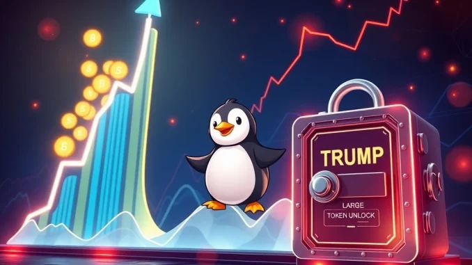 Visualizing the explosive BlockDAG presale growth, PENGU price surge, and the impending TRUMP token unlock impact on the crypto market.
