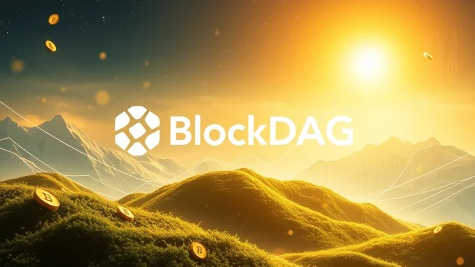 A visual representation of BlockDAG Presale success, showing surging crypto prices and a dynamic blockchain network.