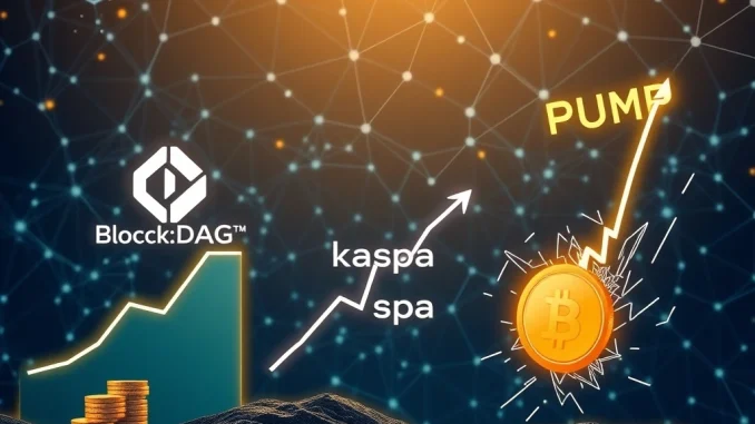 A visual representation of BlockDAG's soaring presale success, contrasted with Kaspa's steady growth and PUMP coin's sharp decline, illustrating divergent cryptocurrency market trends.