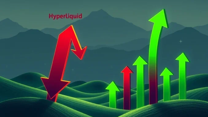 A visual representation of the crypto market's divergence, showing BlockDAG's strong presale growth against the backdrop of Dogecoin and Hyperliquid price declines.