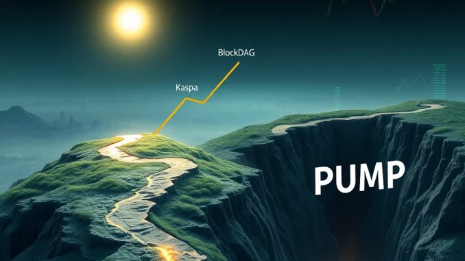 Visualizing the crypto market's divergent trends, highlighting BlockDAG presale's impressive growth alongside Kaspa's rise and PUMP crypto's sharp decline.