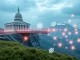 A digital bridge connecting traditional finance with blockchain, symbolizing BNB Chain's integration of USYC stablecoin to expand the RWA ecosystem.