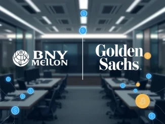 BNY Mellon and Goldman Sachs logos intertwined with blockchain symbols, representing their partnership to offer tokenized money market funds.
