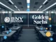 BNY Mellon and Goldman Sachs logos intertwined with blockchain symbols, representing their partnership to offer tokenized money market funds.