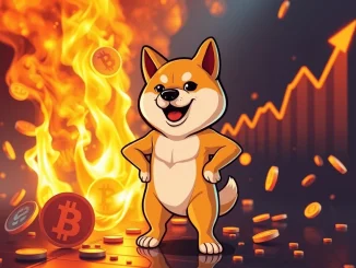A Shiba Inu dog overseeing a massive BONK token burn, symbolizing the deflationary strategy and potential for a BONK price surge.
