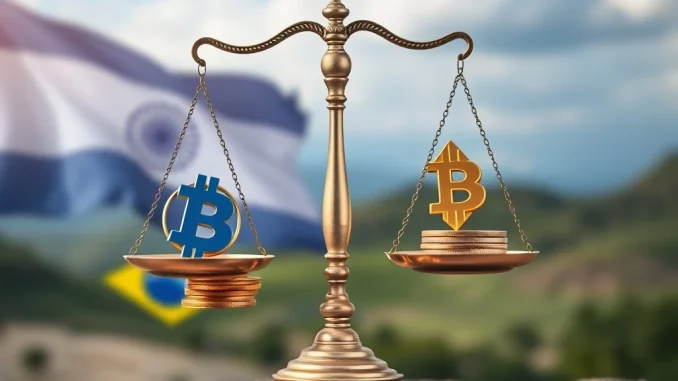 Scales of justice balancing crypto symbols and tax forms, representing the Brazil crypto tax debate and regulatory challenges in Latin America.