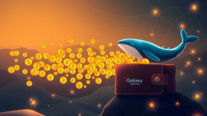 An illustrative image showing a significant BTC transfer occurring digitally, highlighting a large Bitcoin whale movement to Galaxy Digital.
