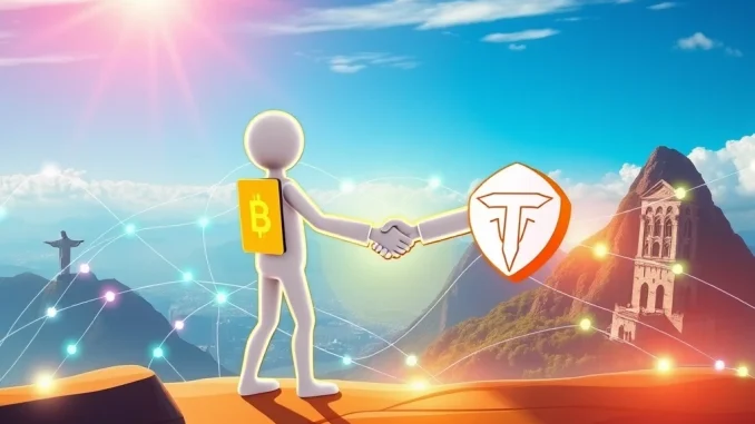 Bybit and Tether executives shaking hands, symbolizing their partnership to boost crypto adoption in Brazil.