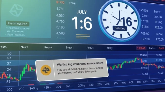 An urgent announcement graphic indicating Bybit delisting specific spot trading pairs on July 16, highlighting the immediate action required by users.