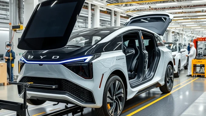 BYD EV assembly plant in Pakistan, symbolizing local electric vehicle manufacturing and economic growth.