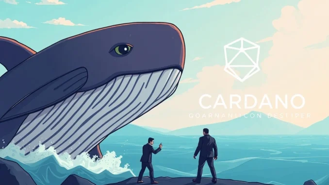 A digital whale challenges a corporate entity, symbolizing the Cardano governance dispute and the clash between community and development firm.