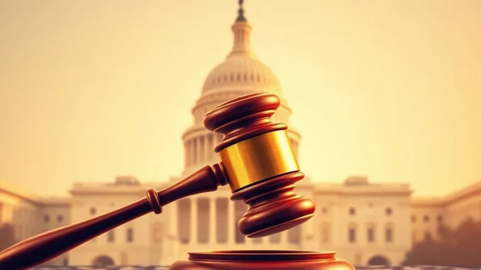 A gavel striking a digital ledger, symbolizing the CLARITY Act vote and its impact on US crypto legislation.