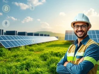 A solar engineer reviews daily crypto earnings from a cloud mining platform powered by green energy, symbolizing successful cryptocurrency investment.