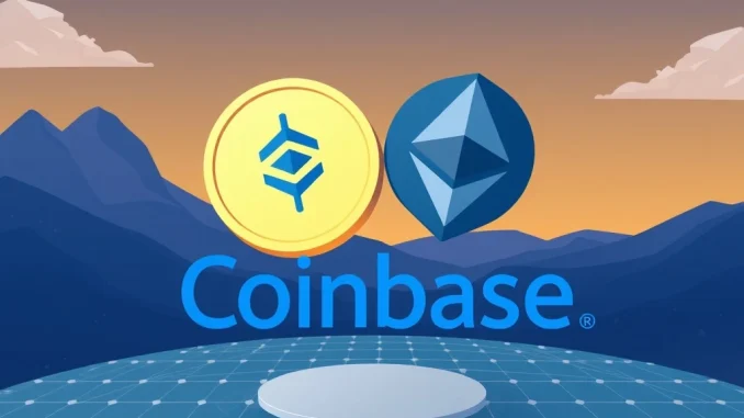 The Coinbase logo alongside symbols for SKY and USDS tokens, signifying the new Coinbase listing on the Ethereum network.