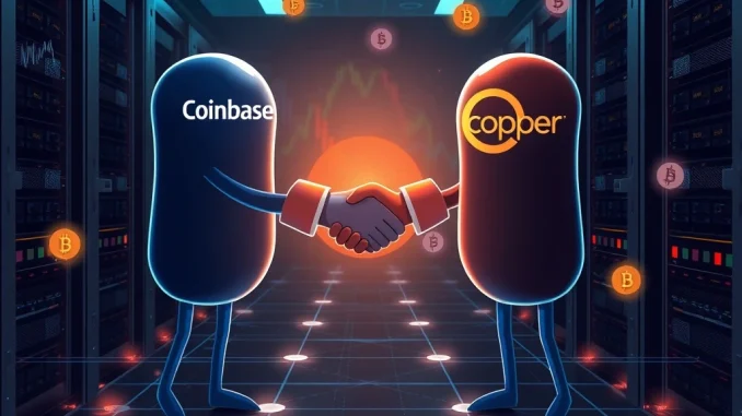 A visual representation of Coinbase and Copper's partnership enabling secure Coinbase off-exchange settlement for institutional crypto trading.
