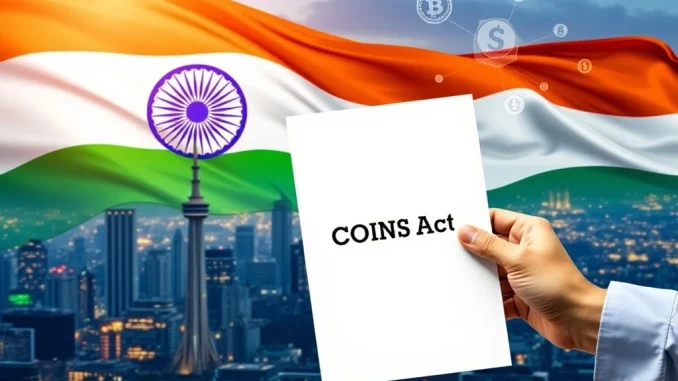 The COINS Act document with Indian symbols, representing clear crypto regulations and the future of Web3 in India.